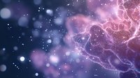 Cosmic nebula with glowing pink and purple energy formations against deep blue space background with luminous particles.