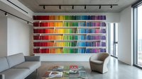 Modern living room interior with colorful rainbow book wall display, gray sofa, coffee table and large windows creating bright contemporary space.
