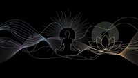 Meditation silhouette with flowing energy waves and lotus flower on dark background. Spiritual wellness and mindfulness concept for yoga practice.
