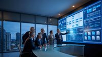Business executives analyzing data on large digital screens in modern corporate boardroom with city skyline view during evening strategy meeting.