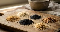 Assorted organic seeds and grains arranged on rustic wooden cutting board with ceramic bowl, healthy cooking ingredients for nutritious meals and recipes.