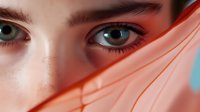 Close-up portrait of young woman with striking blue eyes and natural makeup partially covered by flowing coral fabric against soft background.