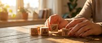 Professional woman arranging wooden blocks with business icons on desk in bright office. Corporate strategy planning and goal setting concept for presentations.