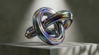 Colorful twisted glass knot sculpture with iridescent blue and gold tones on neutral surface, suitable for modern art and interior design projects.