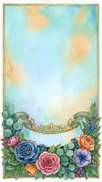 Watercolor floral frame with roses, anemones, and gold banner on a soft blue background, perfect for wedding invitations and greeting cards.