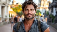 Handsome bearded man with curly hair smiling confidently on urban street. Professional portrait for lifestyle marketing, dating apps, business content.