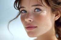 Close-up portrait of young Caucasian woman with blue eyes, freckles, and natural makeup looking upward against soft blue background.