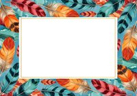 Colorful feather frame with white center space on turquoise background, isolated design ready for greeting cards, invitations, posters, and digital projects.