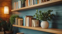 Cozy home library corner with wooden shelves against teal wall, featuring potted green plant in ceramic vase and warm lighting creating peaceful reading atmosphere.