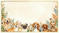 Adorable dogs border frame with autumn foliage on cream background. Golden retriever, corgi, pug, beagle, dachshund and terrier create charming pet design.