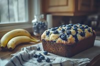 Fresh baked blueberry banana bread loaf topped with crumble and fresh berries on rustic linen cloth, moody natural window lighting in cozy kitchen setting.