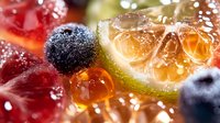 Fresh citrus, berries and water drops in extreme macro photography with vibrant colors and bokeh effect, showing juicy fruit texture and natural freshness.