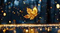 Magical golden maple leaf floating with glowing bokeh lights against dark blue background, sparkling reflections on water surface create dreamy autumn atmosphere.