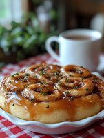 Fresh baked sticky caramel cinnamon roll topped with chopped herbs on white ceramic plate, red checkered cloth, coffee cup in background, soft natural light.