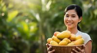 Young woman of Southeast Asian descent holding a wicker basket filled with fresh mangoes in an outdoor garden setting, suitable for agriculture, farming, and food production marketing materials.