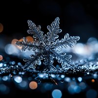 Macro photography of natural snowflake crystal with intricate patterns and delicate branches against dark background with blue bokeh lights and glitter effect.