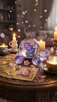 Mystical fortune telling setup with glowing crystal balls, tarot cards, burning candles and floating rose petals creating magical atmosphere for divination.