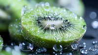Fresh kiwi slice with water drops and bubbles on dark background, macro photography showing juicy texture and natural freshness in vibrant green color.