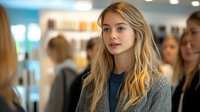 Young blonde woman with natural makeup in retail environment surrounded by shoppers, wearing blue top and gray cardigan.