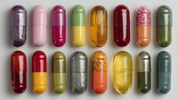 Colorful pharmaceutical capsules and pills arranged in rows on white background for medical healthcare design projects.