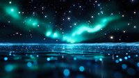 Stunning aurora borealis dancing across starry night sky above calm ocean waters with magical bokeh light effects creating ethereal cosmic atmosphere.