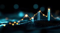 Abstract digital visualization of financial data with glowing graph lines and illuminated peaks against dark background, representing market analysis.