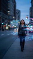 Professional businesswoman walking through futuristic city street with digital data overlays and holographic financial charts at dusk for technology concepts.