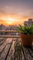 Potted fern plant on wooden rooftop deck with golden sunset and blurred urban skyline in background, ideal for lifestyle and home decor projects.