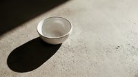 Empty white ceramic bowl casting shadow on textured concrete surface in natural sunlight for minimalist kitchen design and food photography concepts.