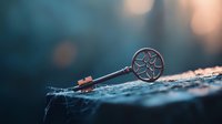 Vintage ornate key with dreamcatcher design lying on textured surface with spider web in moody teal atmosphere and soft bokeh background.
