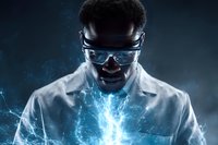 African American male scientist in lab coat and safety goggles with electric blue energy effects for futuristic research and technology concepts.