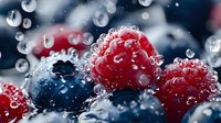 Fresh ripe raspberries and blueberries with water drops and splashes on dark background, macro shot showing juicy texture and natural freshness.