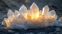 Clear quartz crystal cluster with warm golden light illumination on natural rock surface, spiritual healing energy stones for meditation and wellness practices.