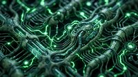 Close-up of glowing green circuit board pathways with illuminated electronic components and intricate wiring patterns for technology and digital innovation concepts.