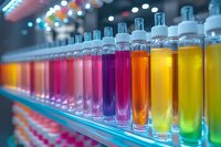 Colorful glass bottles with vibrant liquid in rainbow colors arranged on illuminated shelf, showing gradient from pink to purple, orange and yellow. Laboratory or retail display.