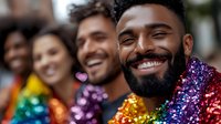 Diverse group of young people wearing colorful rainbow sequin outfits laugh and celebrate at pride festival, showing joy, unity and authentic self-expression.