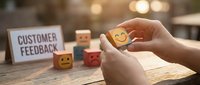 Customer selecting happy face emoji wooden block for positive service rating and satisfaction survey feedback evaluation.