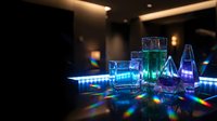 Modern laboratory glassware with colorful LED lighting creating rainbow reflections on dark surface for scientific research and chemistry education.