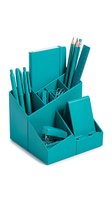 Turquoise desk organizer with multiple compartments holding pens, pencils, notebooks, and office supplies on white background, isolated for design use.