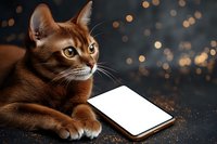 Adorable Abyssinian cat with golden eyes lying next to blank tablet screen against bokeh lights background for pet technology and digital device concepts.