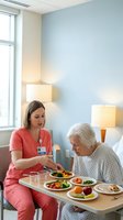 Caring nurse in coral scrubs serving nutritious meal to elderly Caucasian patient in modern hospital room with soft lighting and calming blue walls.