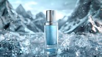 Luxury cosmetic bottle with blue serum splash against snowy mountain backdrop, water drops and ice crystals creating premium skincare atmosphere.