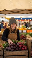 Young Caucasian female farmer in knit hat and apron arranging fresh beetroots at outdoor farmers market stall with warm evening lighting and blurred background.