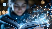 Magical glowing open book with sparkling light and stardust emerging from pages against dark background, creating ethereal reading atmosphere.