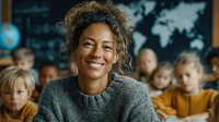 Happy mixed-race female teacher smiling in classroom with diverse elementary students in background. Education, learning environment concept.