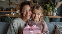 Joyful mother and daughter sharing a special moment with a pink gift box at home, creating warm family memories in a cozy living room setting.