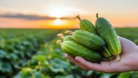Fresh organic cucumbers held in farmer hands at sunset over green agricultural field with golden light creating warm harvest atmosphere.