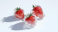 Fresh ripe strawberries covered in transparent water drops casting soft shadows on white surface, macro food photography with natural lighting.