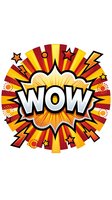 Comic book style WOW explosion burst with radiating sunburst rays, stars and halftone dots in red, yellow and orange colors isolated on white background.