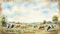 Pastoral farmland scene with grazing cattle, horses, and sheep across rolling meadows with wooden fences, trees, and countryside cottage under cloudy sky.